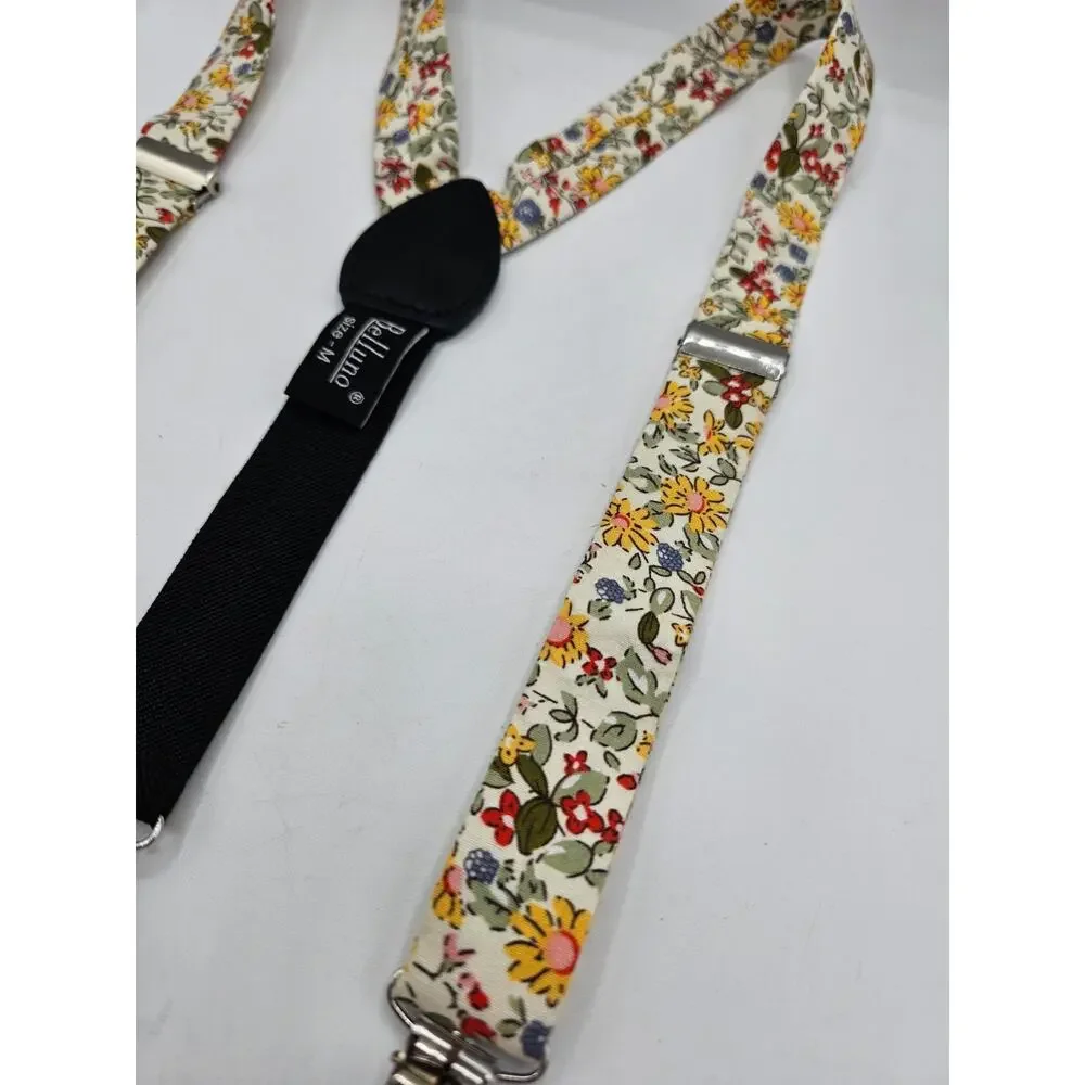 Belluno Kids Sz M Suspenders Cotton Linen Blend Floral Yellow Green